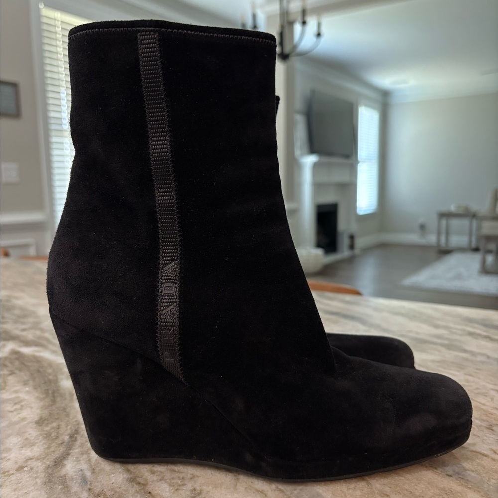 Prada Wedge Suede Black Boot Sz 37 (US7)